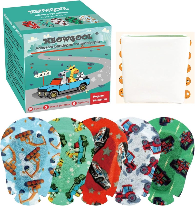 MEOWGOOL Adhesive Eye Patches for Kids with Lazy Eye, 60+6 Bonus Patches,Adhesive Bandages for Amblyopia 5 Fun Boys Designs (Regular Size) - Image 1